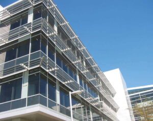 A photograph of sunshades used on the exterior of the Loblaw Companies Limited facility designed by Sweeny Sterling Finlayson & Co Architects Inc.