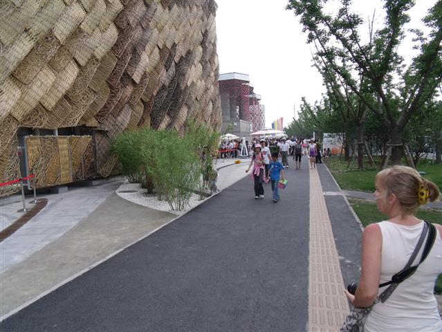 An asphalt pathway with light-coloured pre-cast concrete guidance TWSIs inset into the surface.
