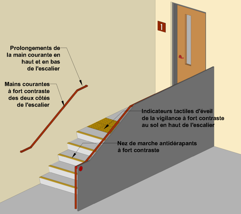 Illustration des principales exigences pour la conception d’escaliers qui répondent aux besoins des personnes touchées par la cécité.