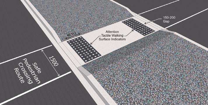 A good example of a walkway through an island that is level with the road surface.