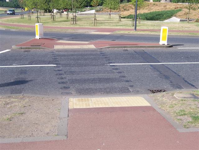 A good example of a channelized island that aligns with the pedestrian entry points on both sides of the road.