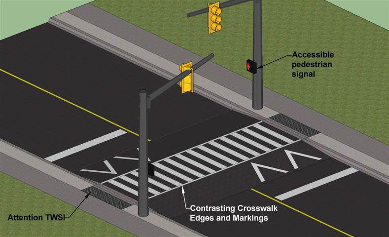 Raised pedestrian crossing at a mid-block crossing.