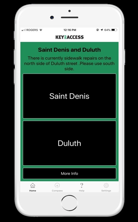 Capture d'écran de l'appli mobile key2access. Message texte indiquant des travaux aux intersections Saint Denis et Duluth à Montréal. Réparations de trottoir en cours du côté nord de la rue Duluth. Empruntez le côté sud.
