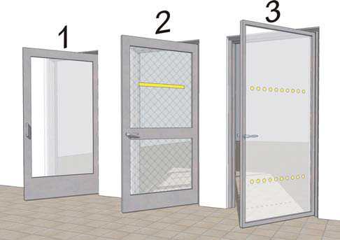 Three glass doors: The first door is a good example of high colour contrast around the edge of a door. However, there is nothing at eye level to help identify the glass on the door. The second door shows a high-contrast strip at eye level and a cross-marking pattern on the glass to aid detection. The third door displays high-contrast edging and highlighting at both the upper and lower levels.